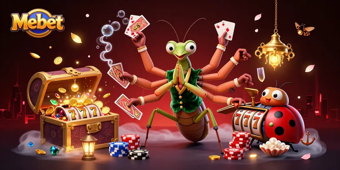 Mebet showcases a vibrant 3D casino scene with animated characters engaging in exciting gambling action.