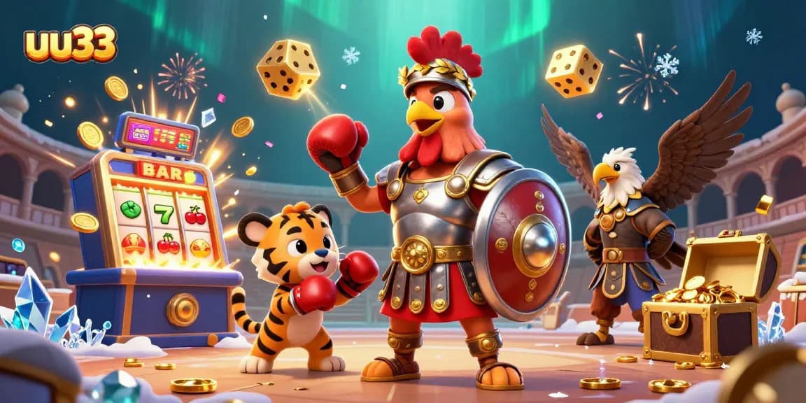 Experience thrilling wins with uu33 in this dynamic casino-themed 3D illustration bursting with action and energy.