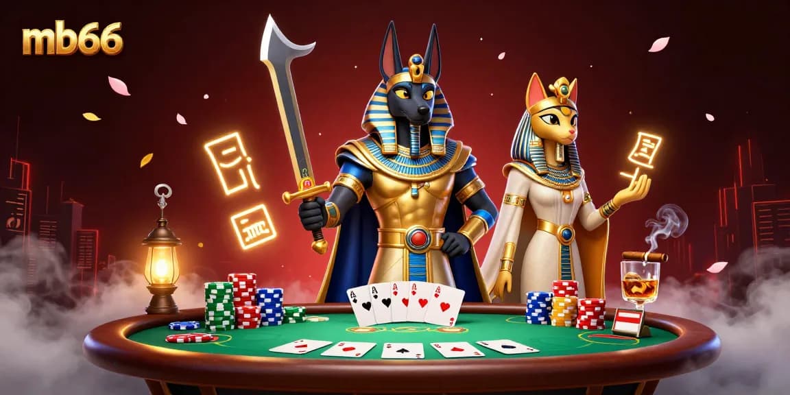 Play with mb66 at an Egyptian-themed poker table with Anubis and Bastet in an action-packed scene.