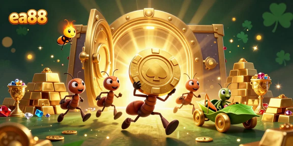 ea88 inspired scene with ants heist, poker chip, and shimmering casino treasures.
