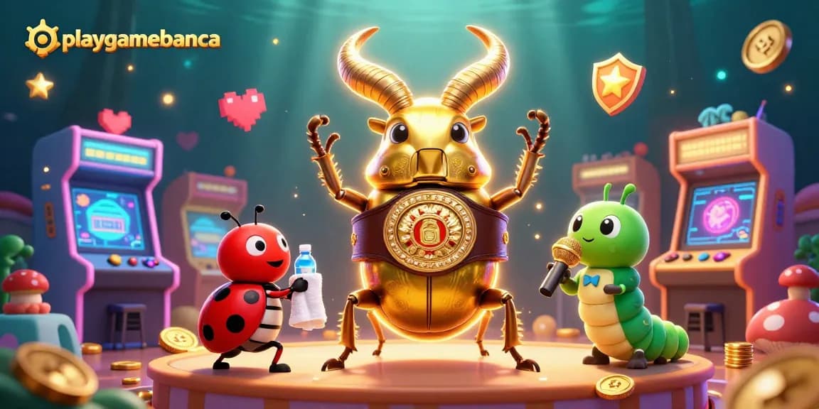 Experience excitement with playgamebanca as the golden stag beetle battles on an epic gaming stage.