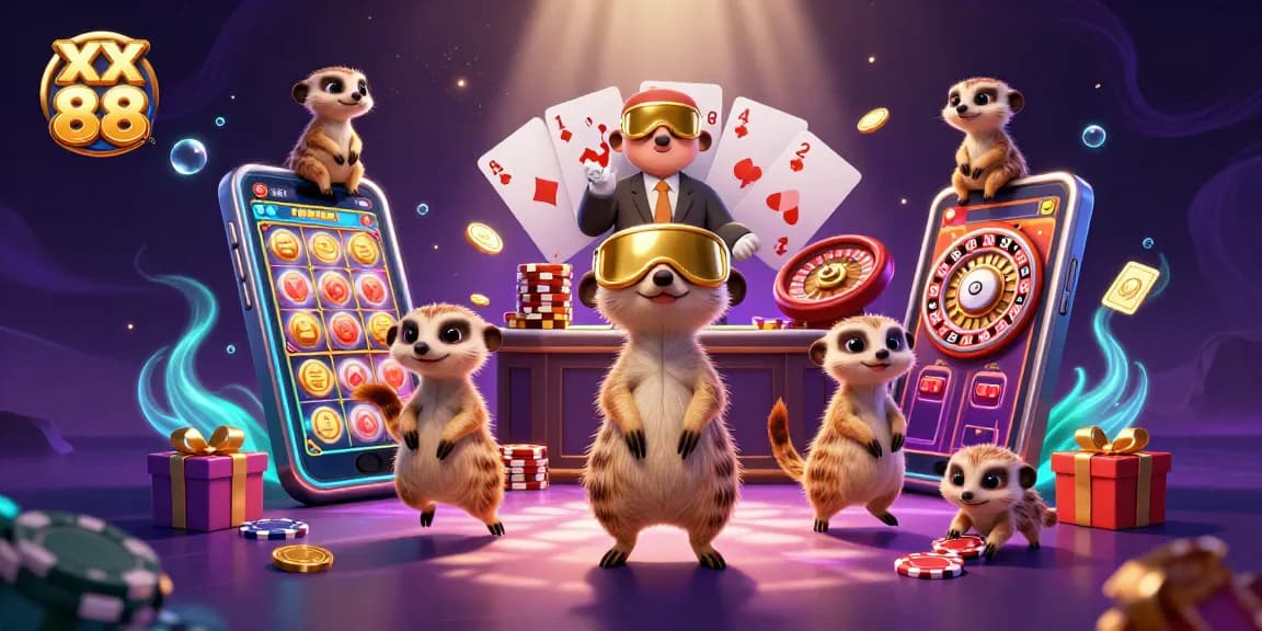 Experience excitement at xx 88 as meerkats manage a lively casino scene filled with games and treasures.