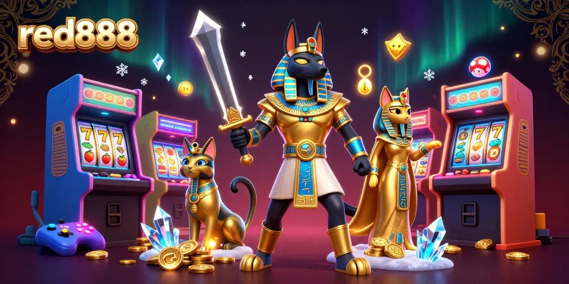 Experience the excitement of red888 with Anubis and Bastet amidst vibrant slot game elements.