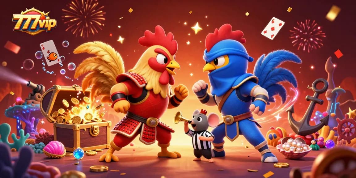Experience thrilling gameplay at 777vip with fighting roosters, immersive games, and vibrant casino elements.