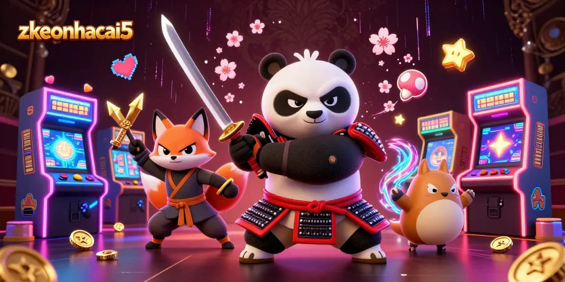 Experience the thrill of zkeonhacai5 with a dynamic illustration showcasing a samurai panda and casino elements.