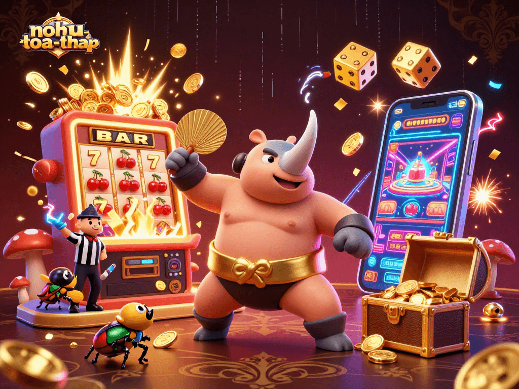 Nohu-toa-thap game features an exciting sumo champion and dynamic jackpot elements in a vibrant 3D illustration.