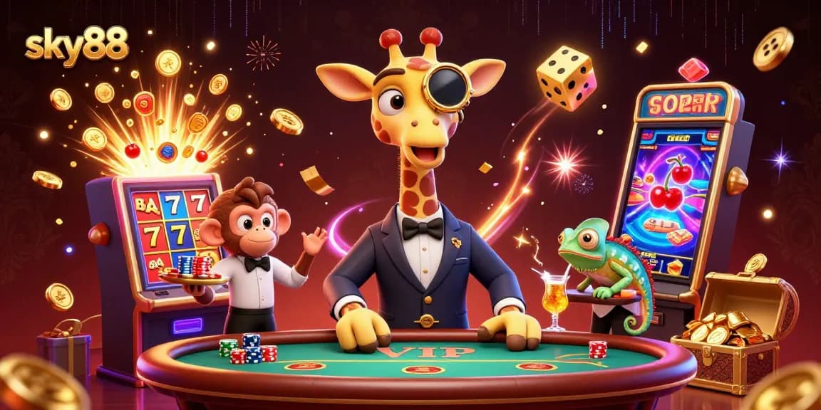 Win big at sky88 with a vibrant 3D scene featuring high-roller giraffe and casino games.