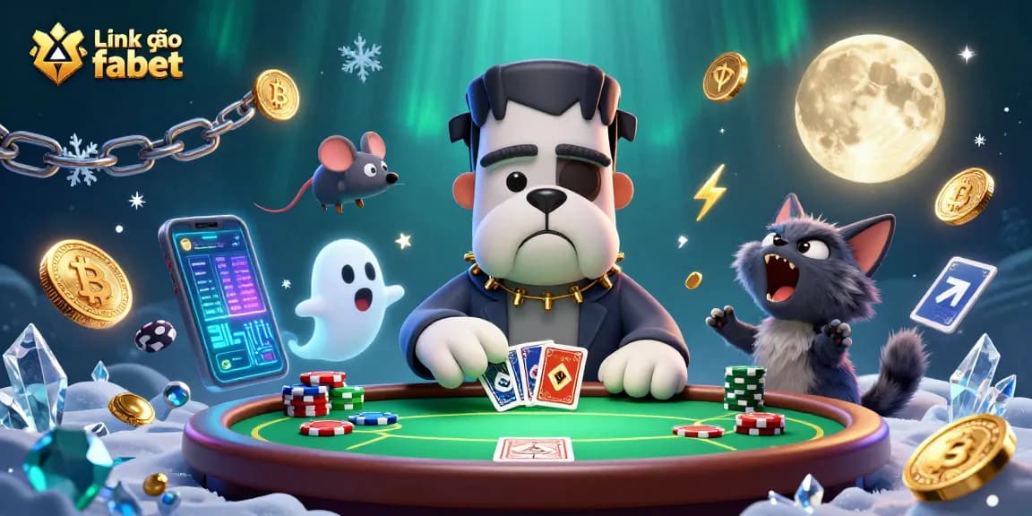 Play poker with Link vào fabet in a thrilling 3D casino scene filled with vibrant characters and crypto elements.