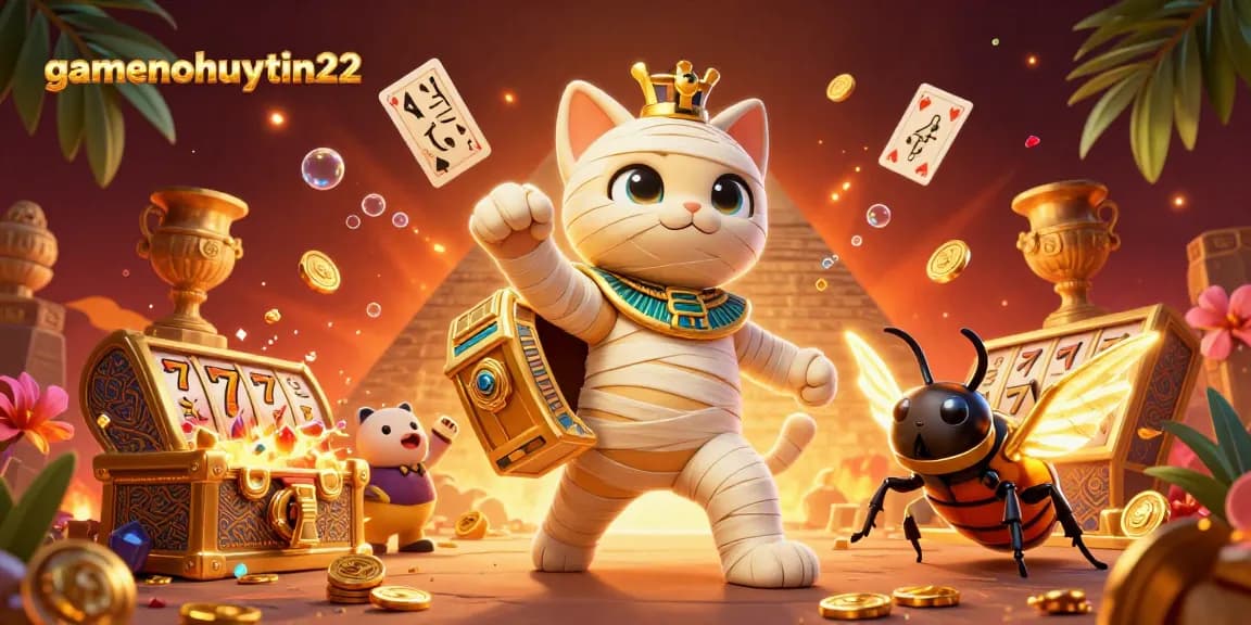 Join gamenohuuytin22 in a vibrant casino scene with a mummy cat and treasures galore.