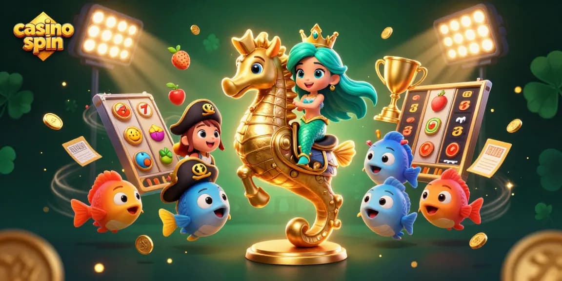 Engage in casino spin excitement with a mermaid princess and golden seahorse amidst dynamic slot elements.