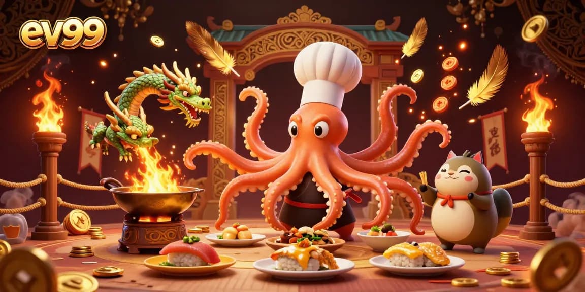 Experience thrill at ev99 with a vibrant scene featuring a sushi chef octopus and a fire-breathing dragon in an exciting gaming environment.