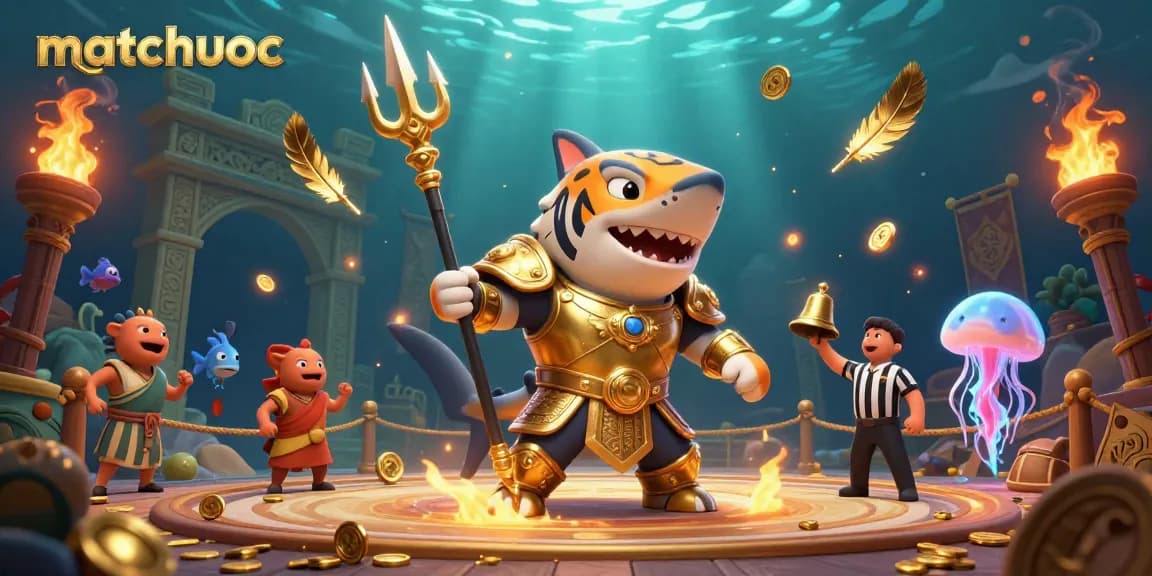 Experience the thrill of matchuoc in a vibrant underwater casino scene with a golden gladiator shark.