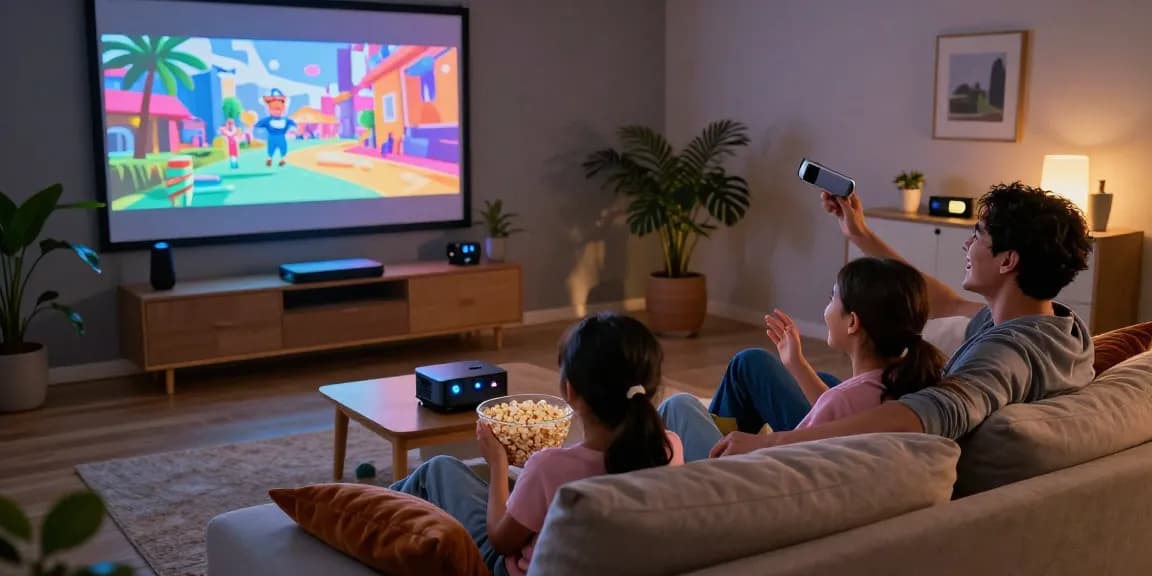 Family enjoying a movie night with the best projector 2026 in a cozy living room.