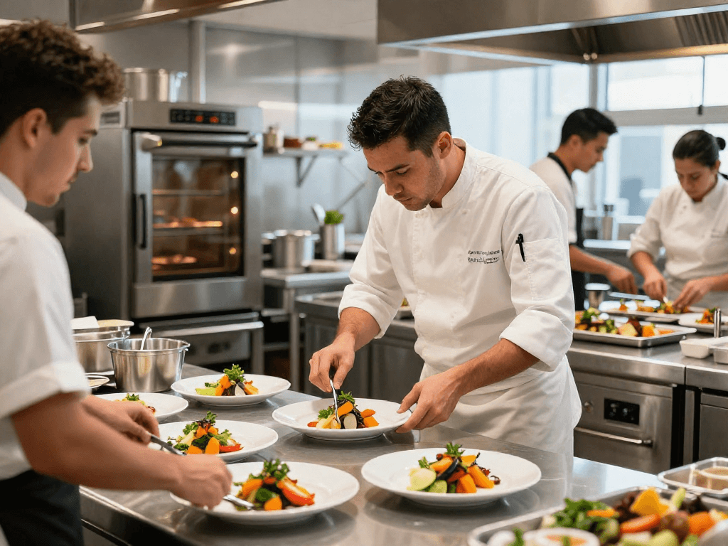 Best Price Catering Equipment displayed in a vibrant kitchen with chefs preparing gourmet dishes.