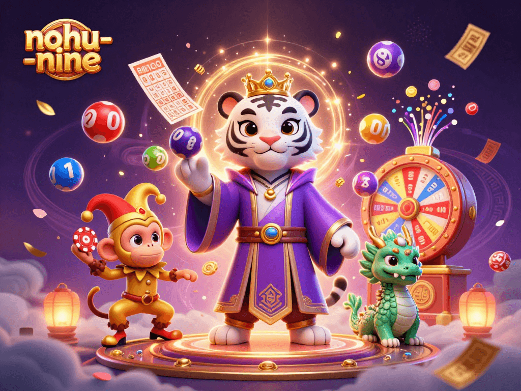 Engage in exciting gameplay with nohu-nine, featuring a dynamic scene of casino elements and vibrant characters.