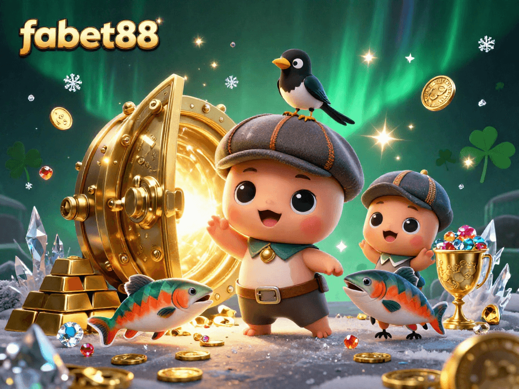 Play and win at fabet88 with a vibrant illustration of cartoon characters and casino treasures.