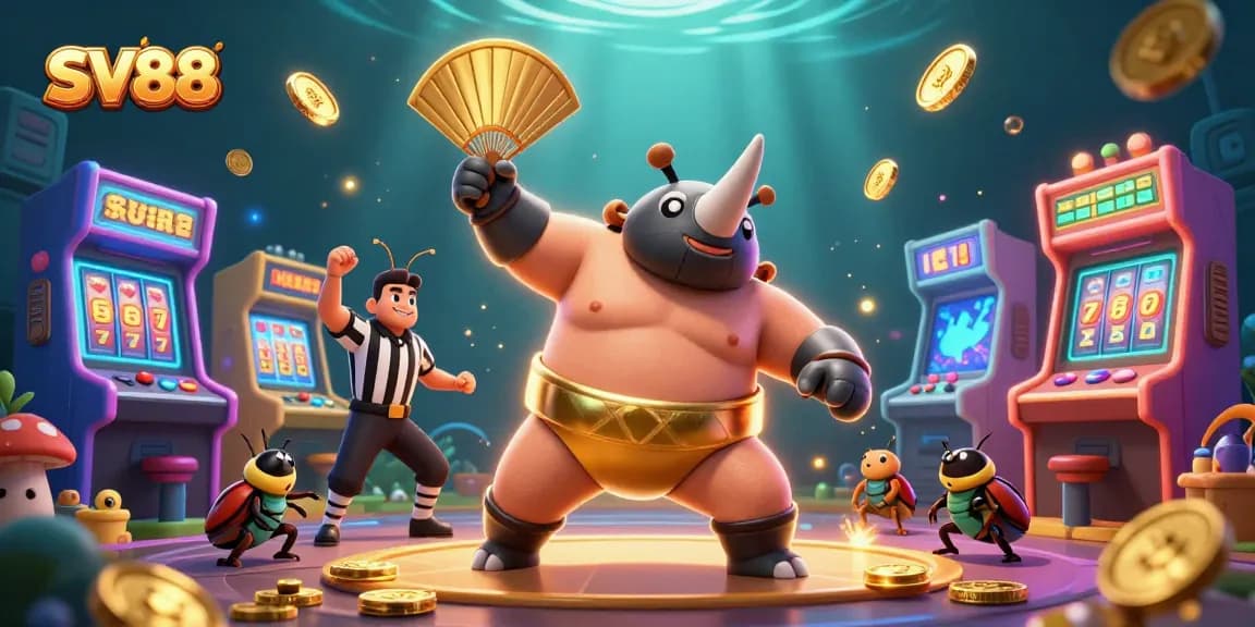 SV88 sumo beetle champion stomps among flying coins and colorful gaming elements in vibrant casino scene