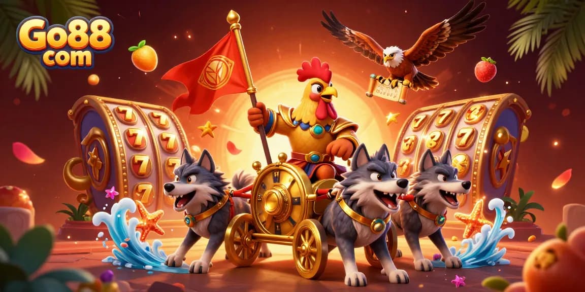Spin the reels with Go88 com in this vibrant 3D casino illustration featuring dynamic game elements.