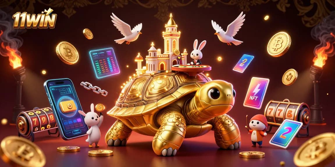 Engage with thrilling 11WIN casino adventures featuring a golden tortoise and vibrant game elements.