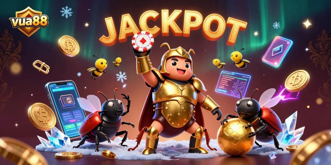 Win big with vua88: 3D hercules beetle championing a poker chip amid rich casino elements.
