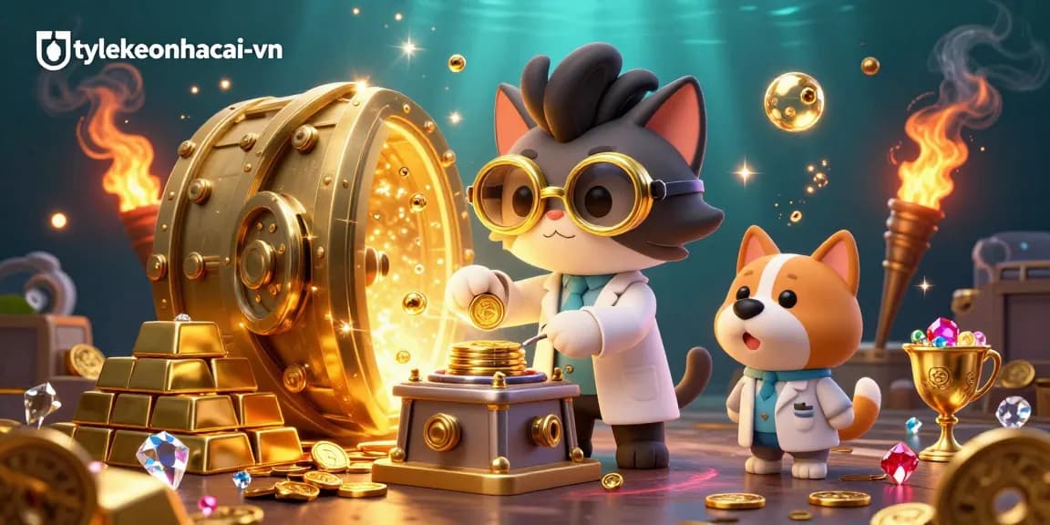 Experience a vibrant 3D illustration of tylekeonhacai-vn, featuring a mad scientist cat and gold elements in a casino.