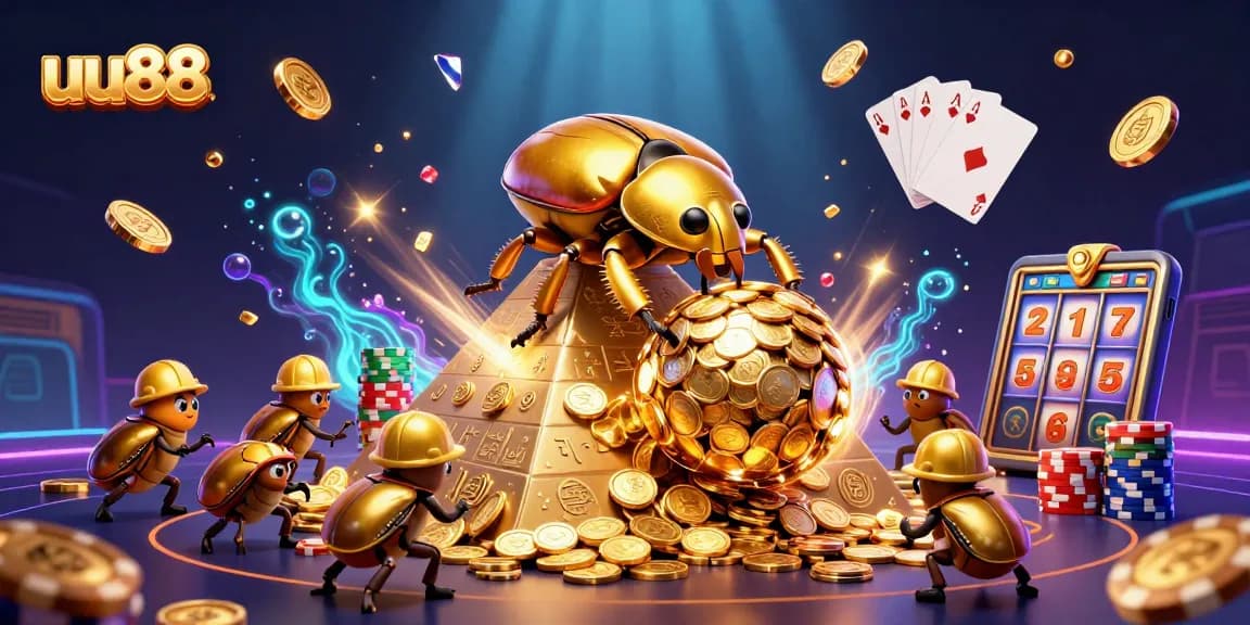 Experience thrilling gameplay at uu88 with a vibrant scene of cartoon beetles rolling golden coins, slot machines, and casino symbols.