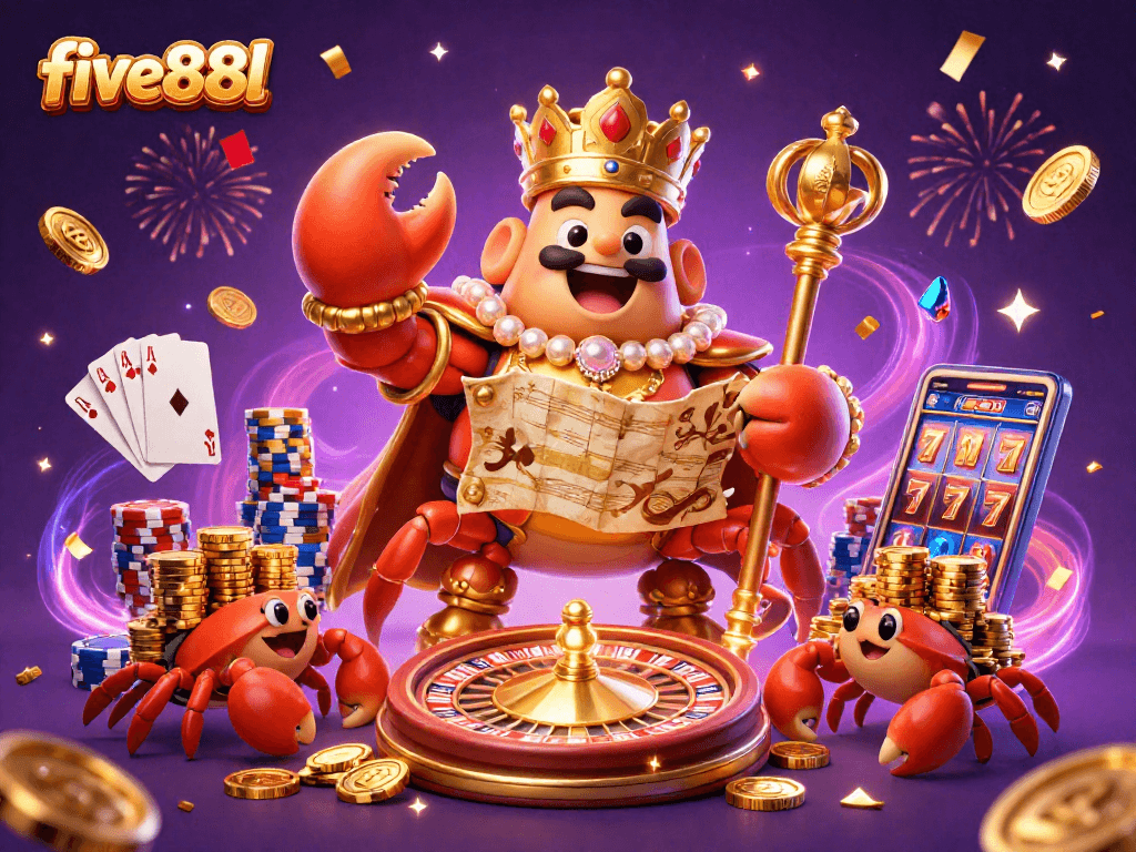 Experience the vibrant excitement of five88l with a golden crab emperor amongst cascading coins and colorful casino elements.