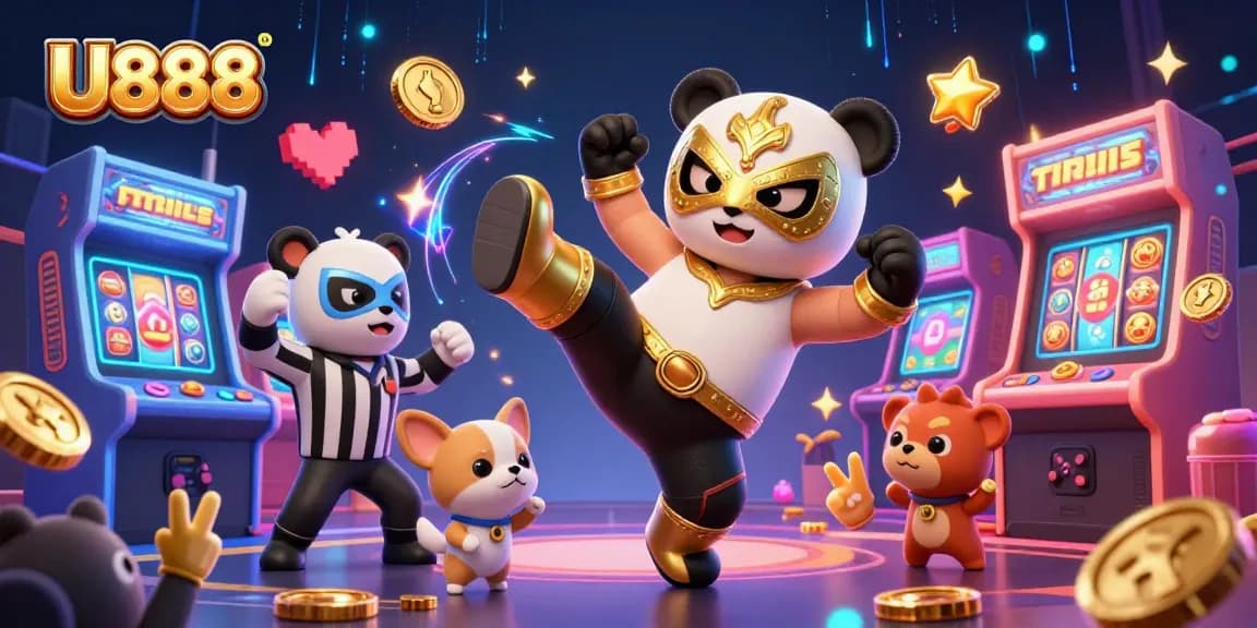 Engage with U888 as a panda wrestler kicks high amidst jackpot symbols and cheering crowd