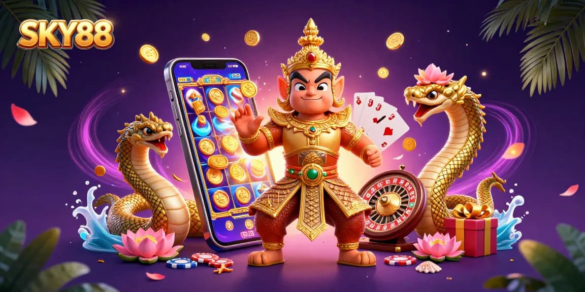 Engage with thrilling gameplay at SKY88 featuring a vibrant 3D illustration of friendly casino characters and dynamic gaming elements.