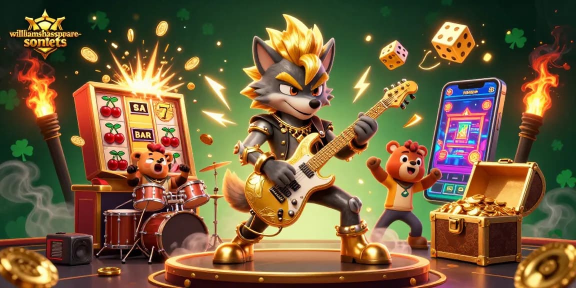 Spin fortunes with williamshakespeare-sonnets in this vibrant casino scene featuring a wolf rock star.