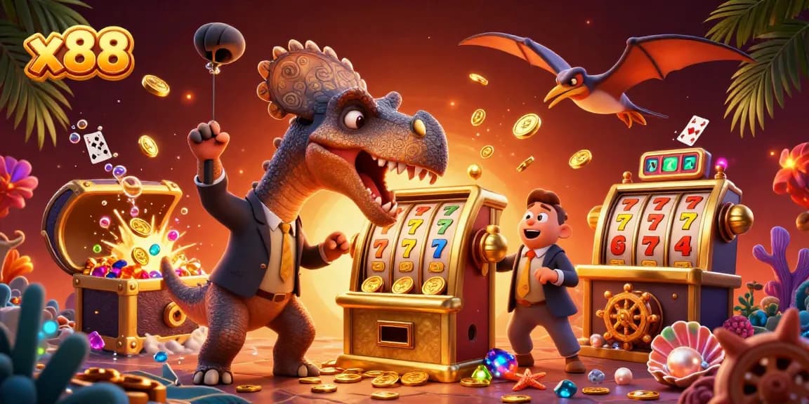 x88 slot machine interacts with a pachycephalosaurus in a vibrant casino scene filled with jewels and coins.