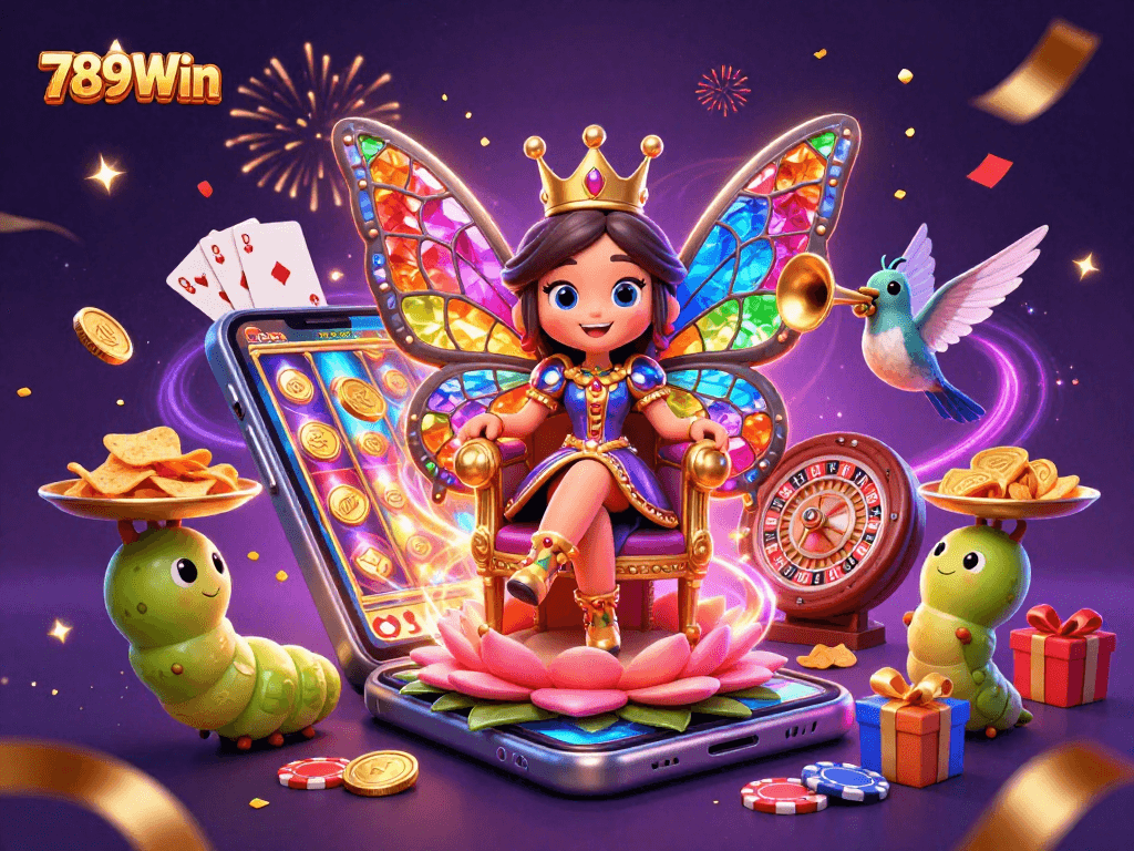 Experience the excitement of 789Win with vibrant casino games and dynamic characters celebrating together.