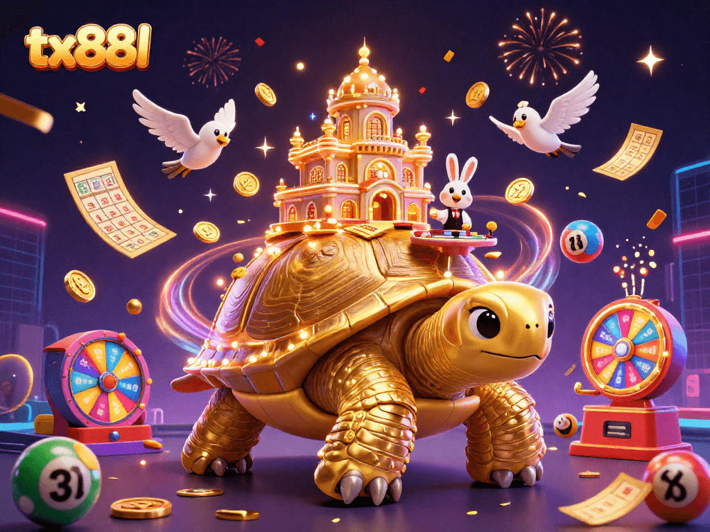Join the excitement at tx88l with our vibrant casino-themed illustration showcasing a rabbit dealer, golden tortoise, and bouncing lottery balls.
