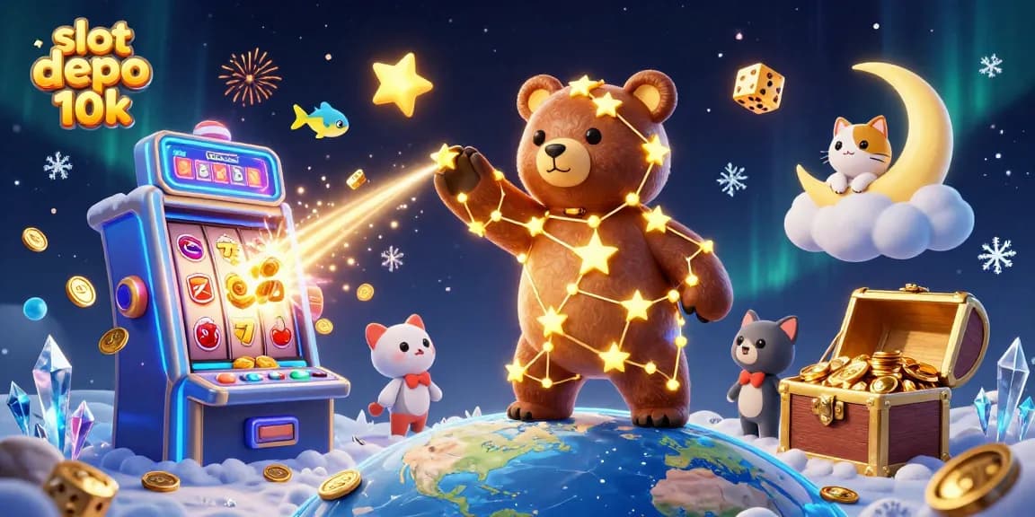 Experience the excitement of slot depo 10k with vibrant characters and jackpot symbols in a dazzling casino scene.
