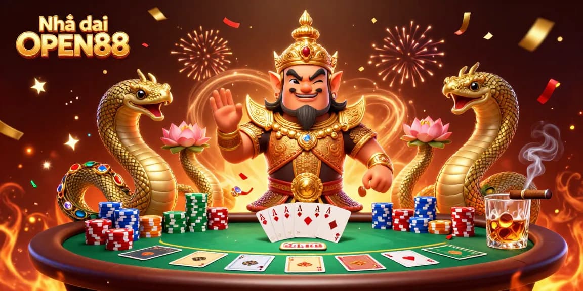 Experience the thrill at Nhà cái OPEN88 with a vibrant 3D casino illustration featuring poker elements and lively characters.
