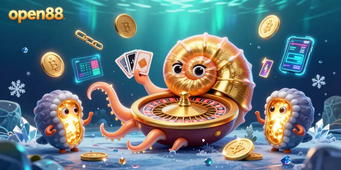 Engage with open88's gaming realm, featuring a golden roulette wheel nautilus and crypto coins.