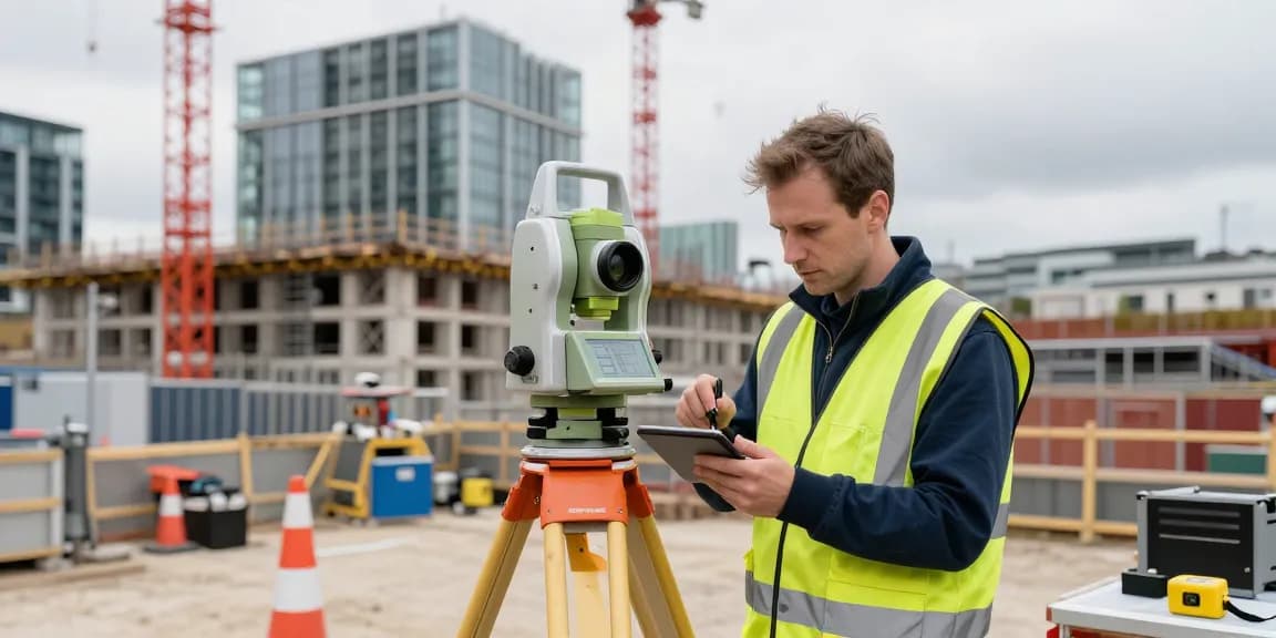 Measured Building Surveys London in action, surveyor measuring site with advanced equipment amidst a construction backdrop.