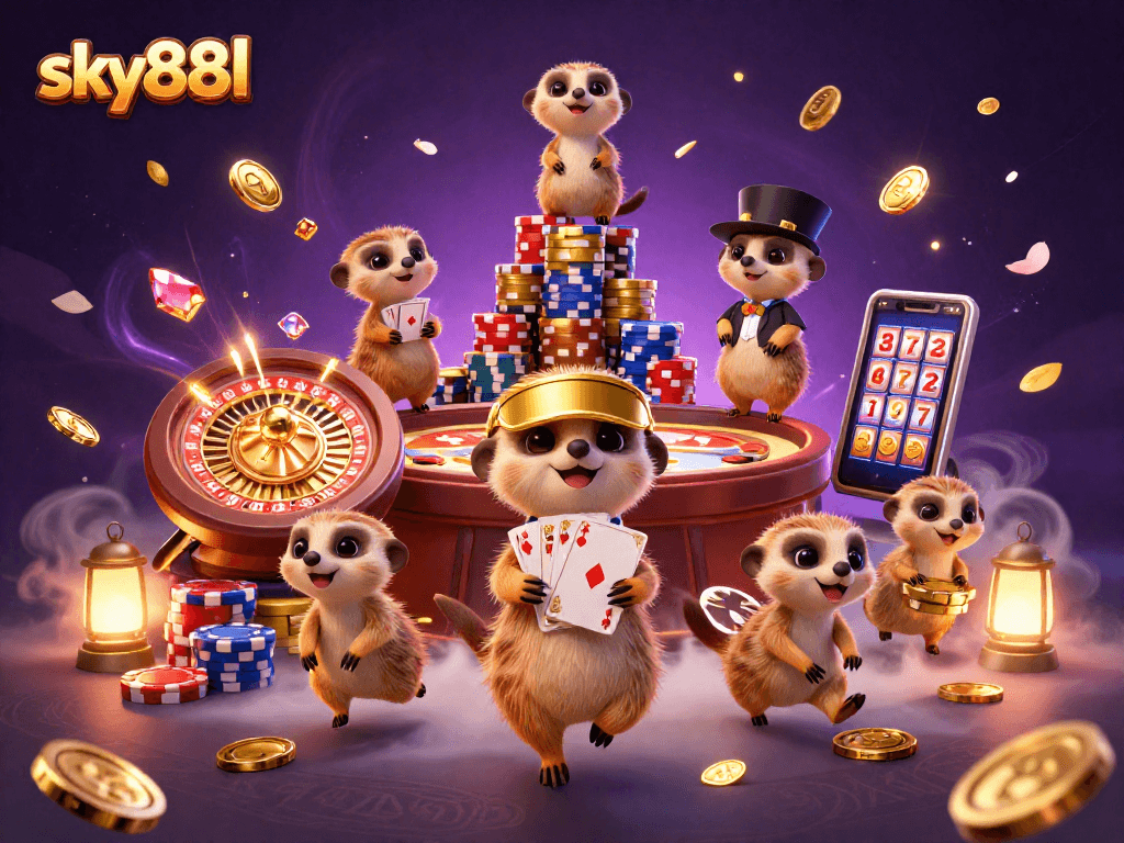 Engage in winning at sky88l with meerkats operating a vibrant casino, featuring dynamic games and colorful elements.