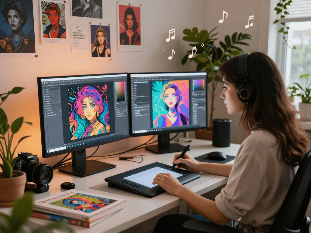 Artist creating NSFW AI digital art in a vibrant studio with graphics tools and design inspirations.