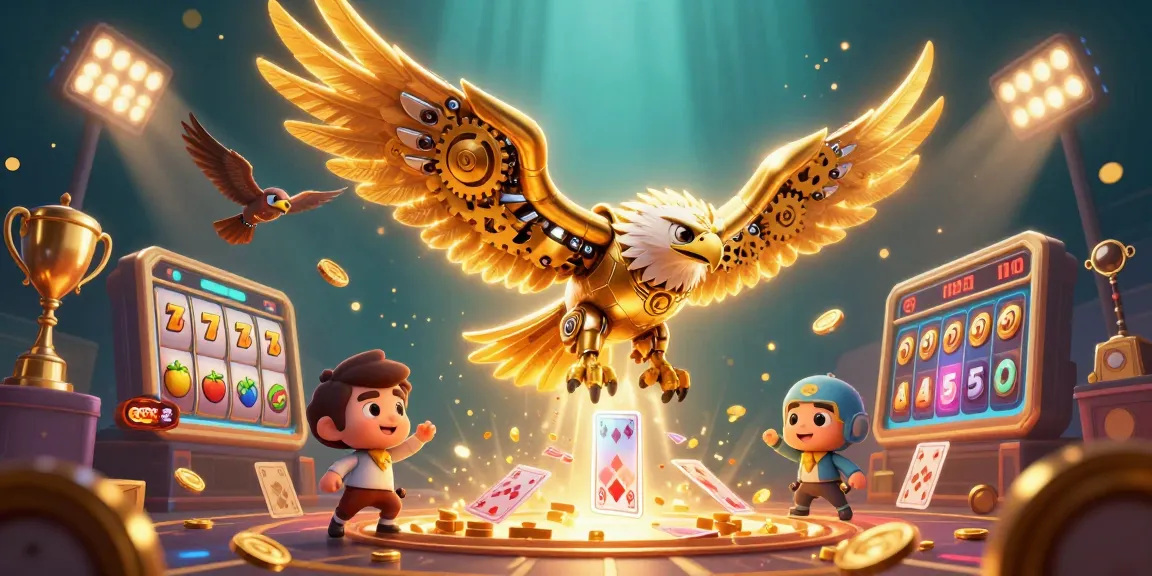 new882 showcases a vibrant 3D illustration of a cybernetic eagle diving through dynamic gaming elements, highlighting slots and jackpots.