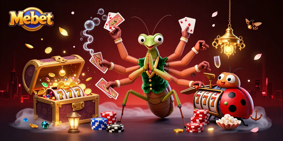 Mebet showcases a vibrant 3D casino scene with animated characters engaging in exciting gambling action.