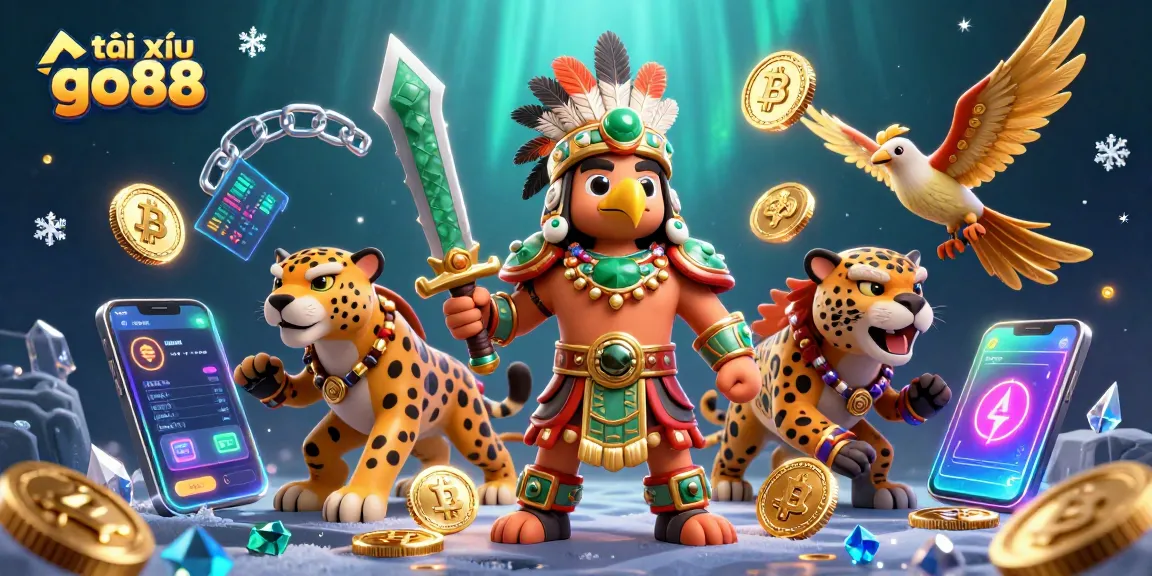 Engage in tài xỉu go88 with a vibrant 3D scene of Aztec warriors amidst cryptocurrency elements.