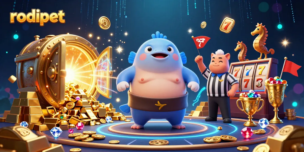 Engage with rodipet's vibrant underwater casino scene featuring cartoon characters and energetic slot game elements.