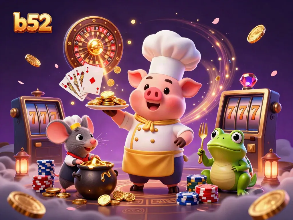 Join the b52 casino experience with a 3D pig chef serving gold coins, as gems and roulette elements sparkle around.