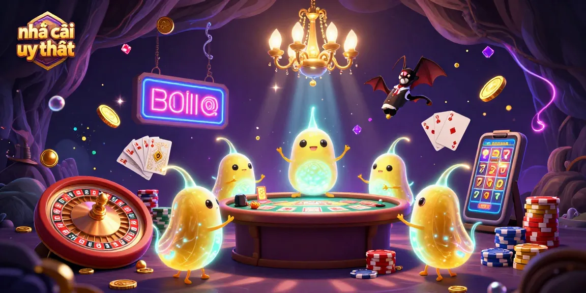 Betting at nhà cái uy tín shines in vibrant casino scene with glowworms and golden coins.