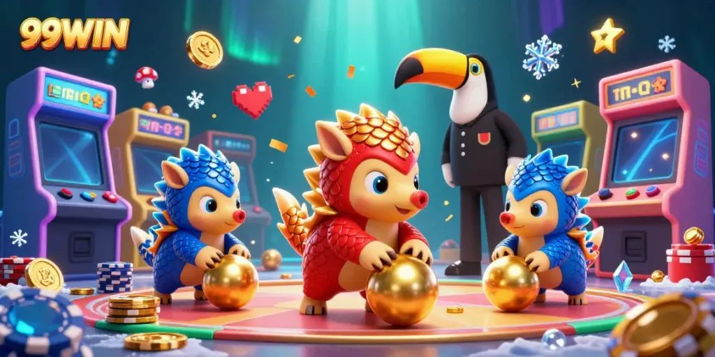 Engage in the thrilling world of 99WIN with lively pangoling characters amidst gold and casino elements.
