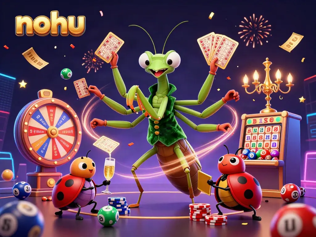 Experience thrilling jackpots at NOHU with vibrant games and energetic characters in this 3D animated scene.