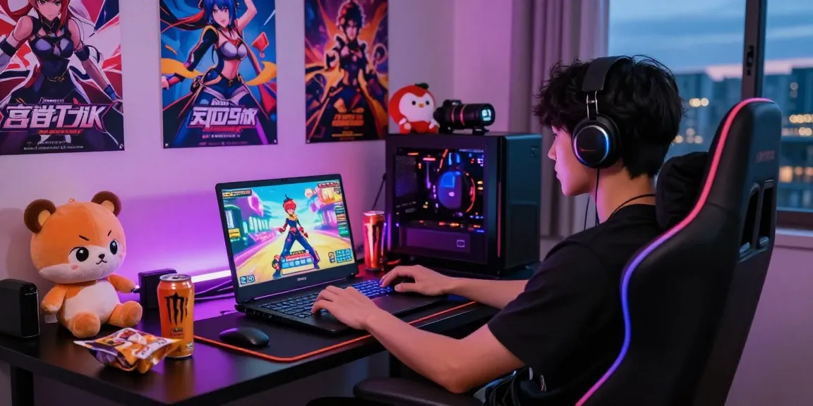 Engaged gamer playing popular ecchi games online in a modern setup with vibrant RGB lighting.