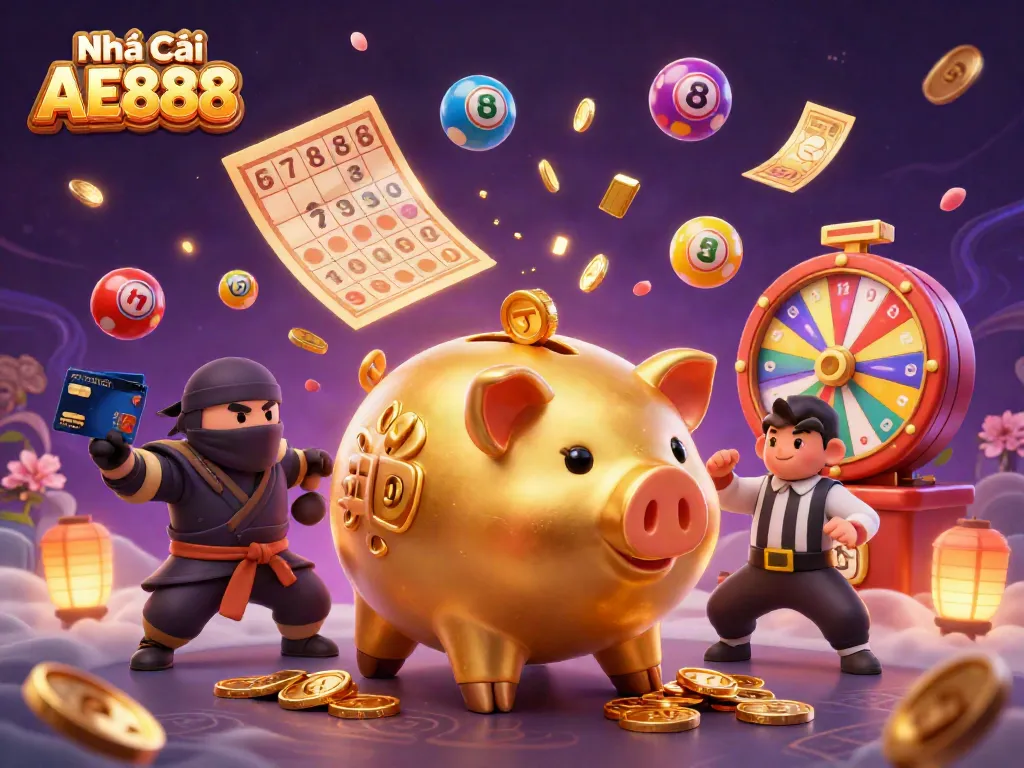 Experience the thrill with Nhà Cái AE888's vibrant casino adventure featuring a sumo wrestler and exciting game elements.