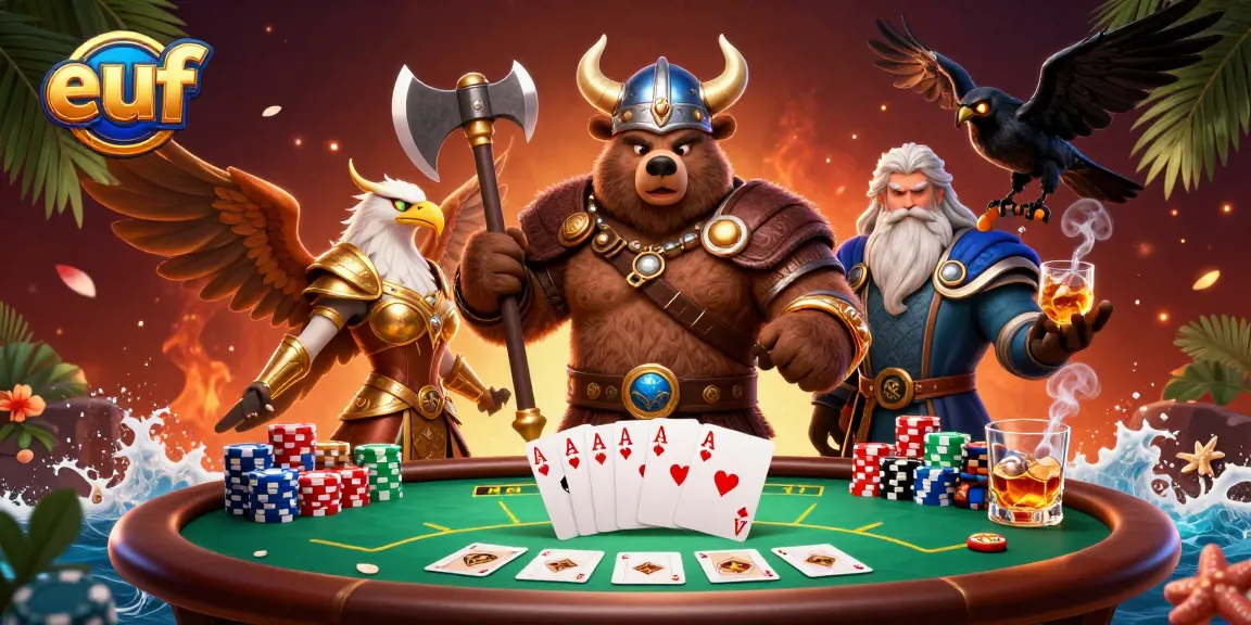 euf Casino bears down with a Viking berserker and Valkyrie, surrounded by poker chips and winning hands